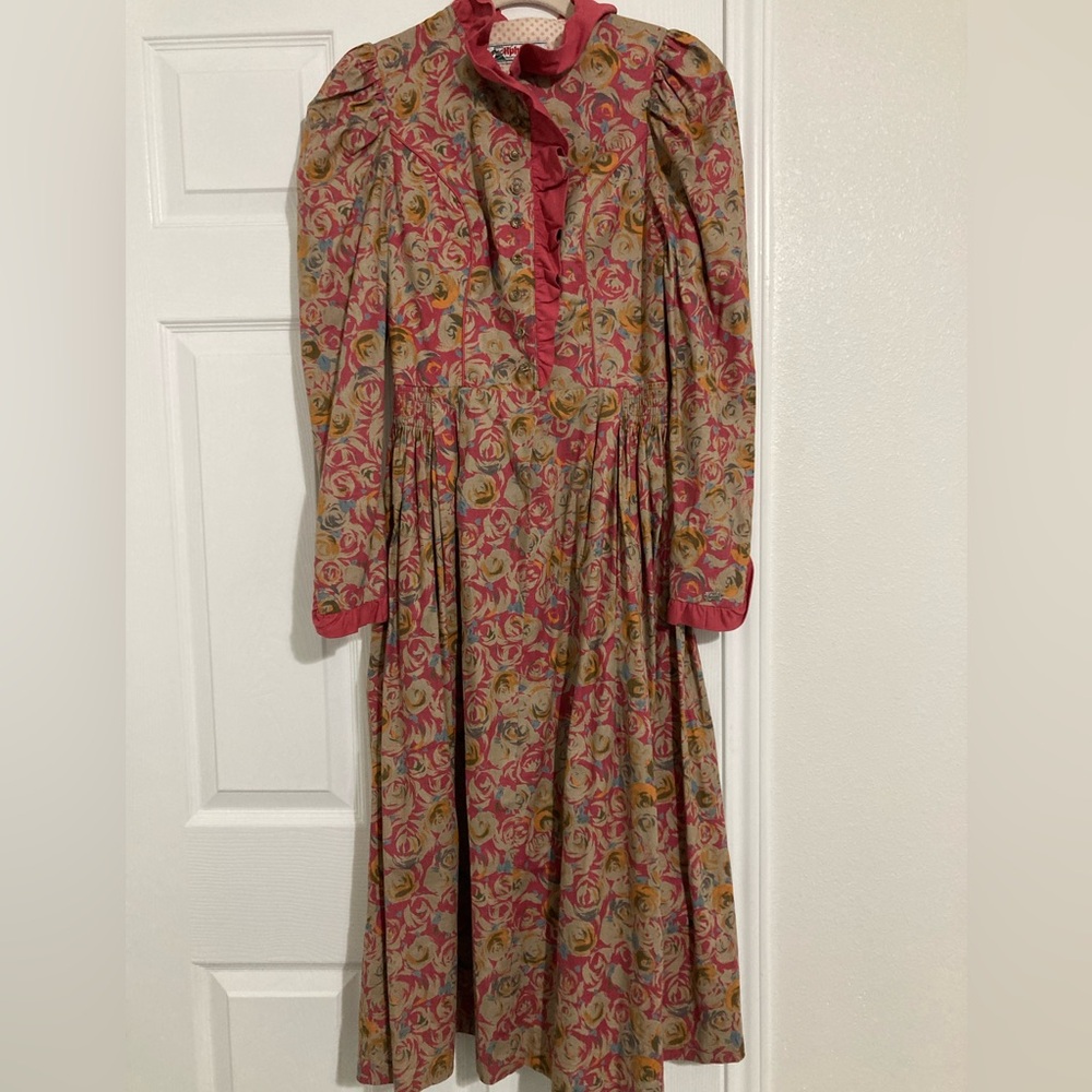 Vintage Alphorn Trachtenmode German Austrian Floral Tracht Dress Size Small